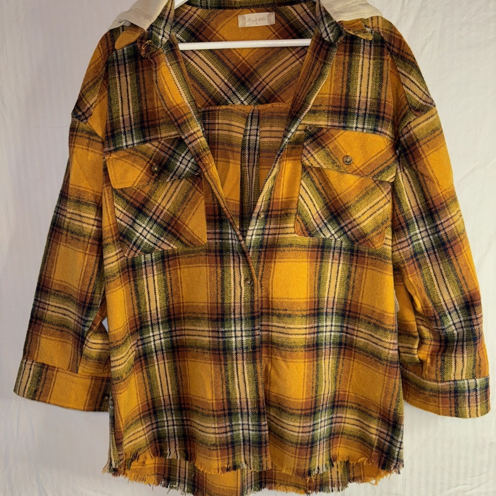 Alterd State Flannel Hoodie Shacket Women Size Sm Yellow Plaid Button Up Raw Hem - Picture 2 of 7